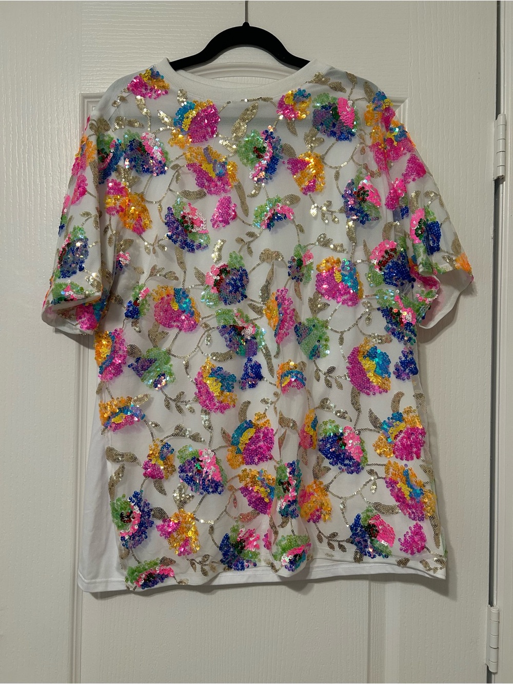 White Sequin Floral Short Sleeve Top - Multicolor Sequins
